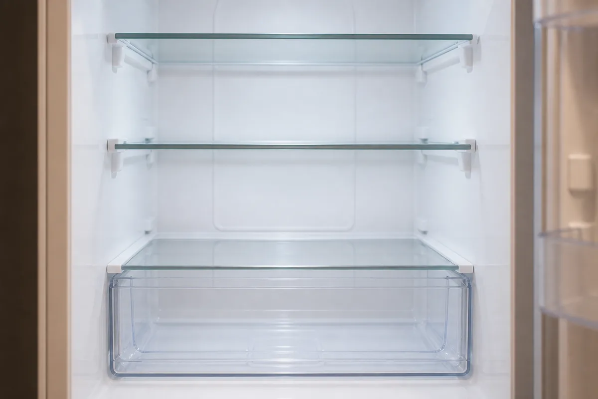 Intérieur d’un réfrigérateur vide avec clayettes en verre et bacs à légumes